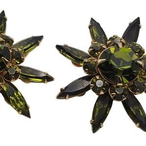 Green Clip Earrings Starburst Rhinestone MCM Judy Lee Flower Vintage Statement